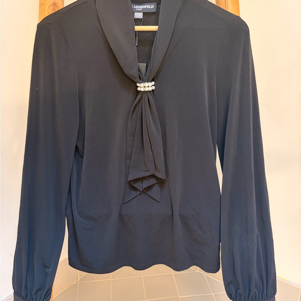 Karl Lagerfeld Black Pearl-Knot Long Sleeve Blouse